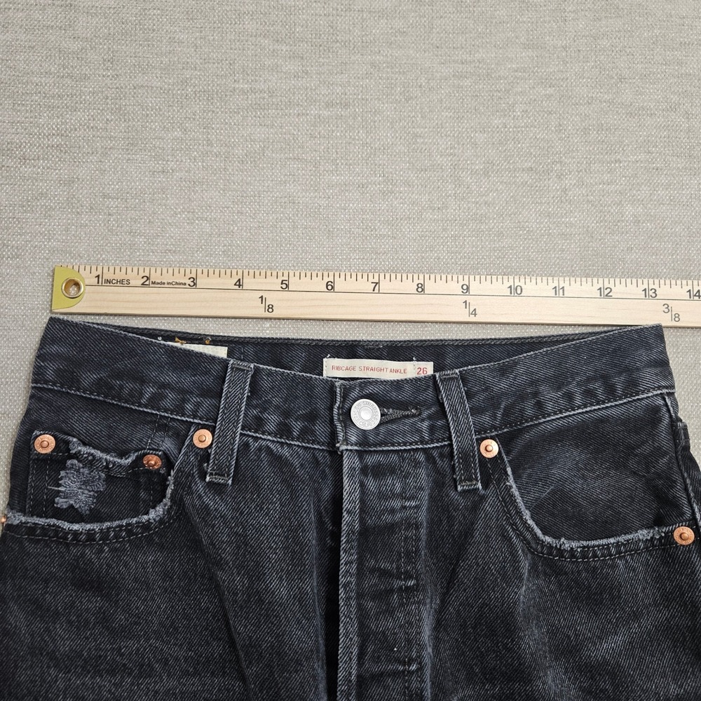Levis Jeans Ribcage Straight Ankle 26 Black Distressed High Rise 72693-0162 - Picture 5 of 12